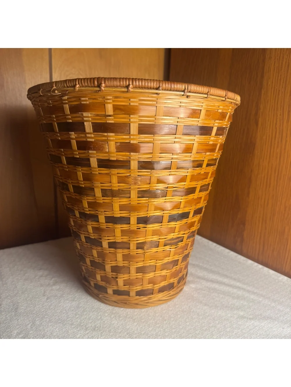 Vintage Japanese Handwoven Bamboo Basket Signed 11” Woven Storage Basket
